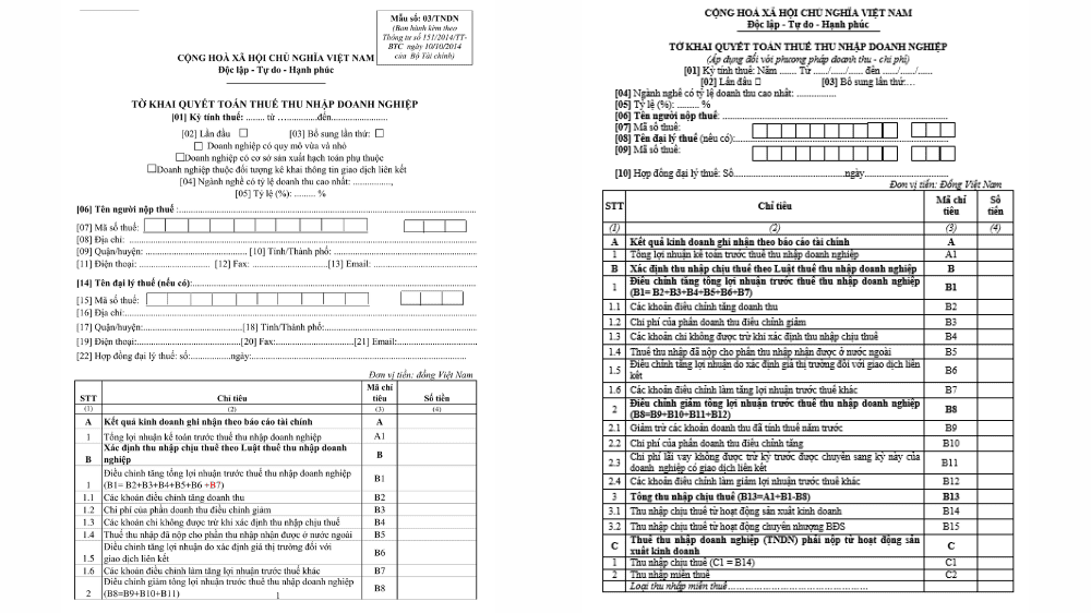 Các chỉ tiêu trong phụ lục