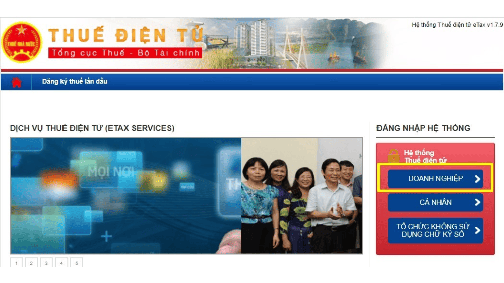 Chọn mục Doanh nghiệp trên Cổng thông tin điện tử