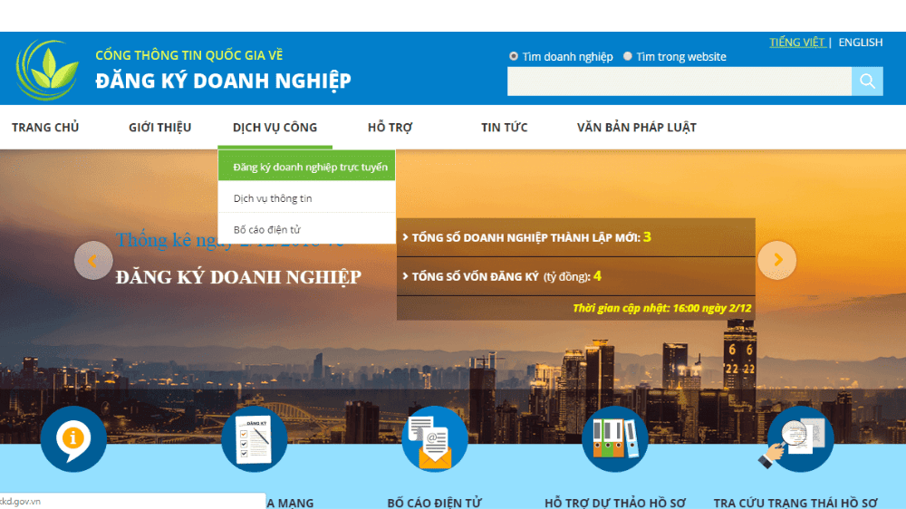 Chọn mục đăng ký doanh nghiệp trực tuyến