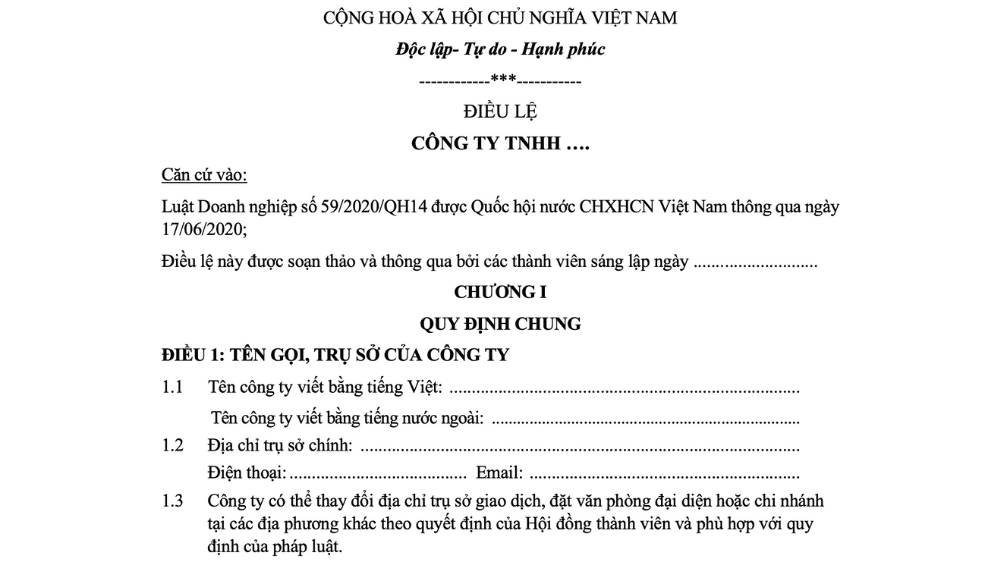 Mẫu điều lệ công ty TNHH 2 thành viên
