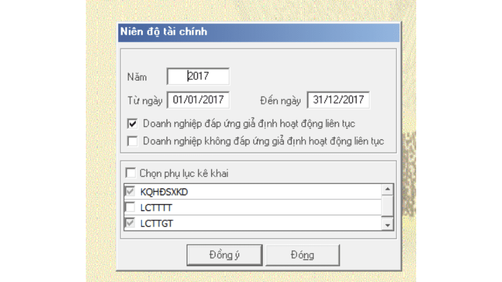 Chọn niên độ tài chính
