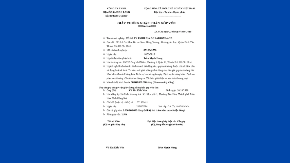 Nội dung trong giấy chứng nhận góp vốn